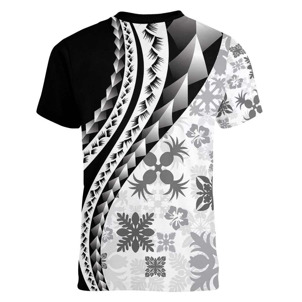 Black Hawaiian Quilt Pattern Women V-Neck T-Shirt Mixed Polynesian Tribal Arty