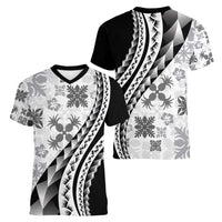 Black Hawaiian Quilt Pattern Women V-Neck T-Shirt Mixed Polynesian Tribal Arty