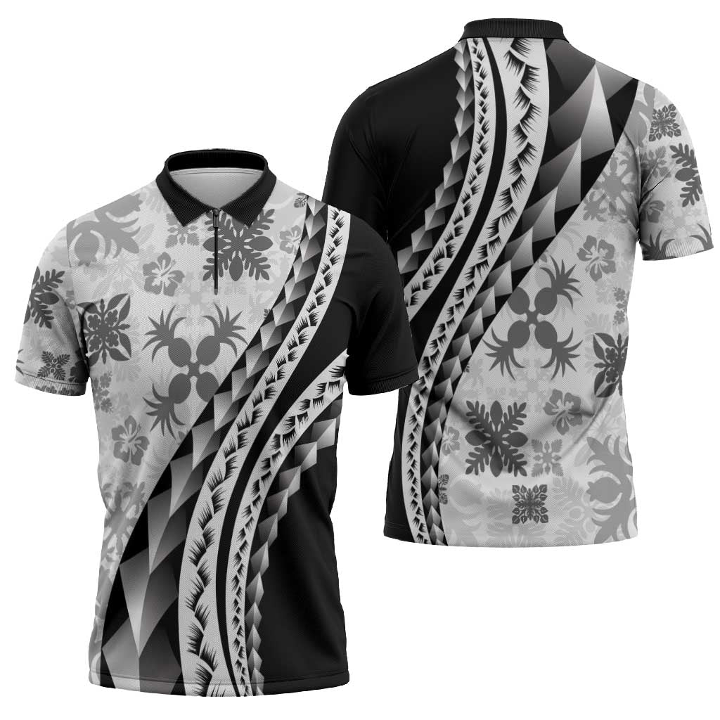 Black Hawaiian Quilt Pattern Zipper Polo Shirt Mixed Polynesian Tribal Arty - Polynesian Pride