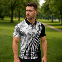 Black Hawaiian Quilt Pattern Zipper Polo Shirt Mixed Polynesian Tribal Arty - Polynesian Pride
