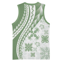 Green Hawaiian Quilt Pattern Basketball Jersey Mixed Polynesian Tribal Arty - Polynesian Pride