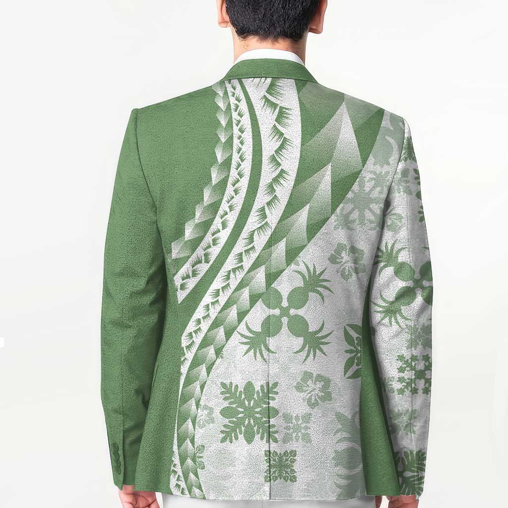 Green Hawaiian Quilt Pattern Blazer Mixed Polynesian Tribal Arty - Polynesian Pride