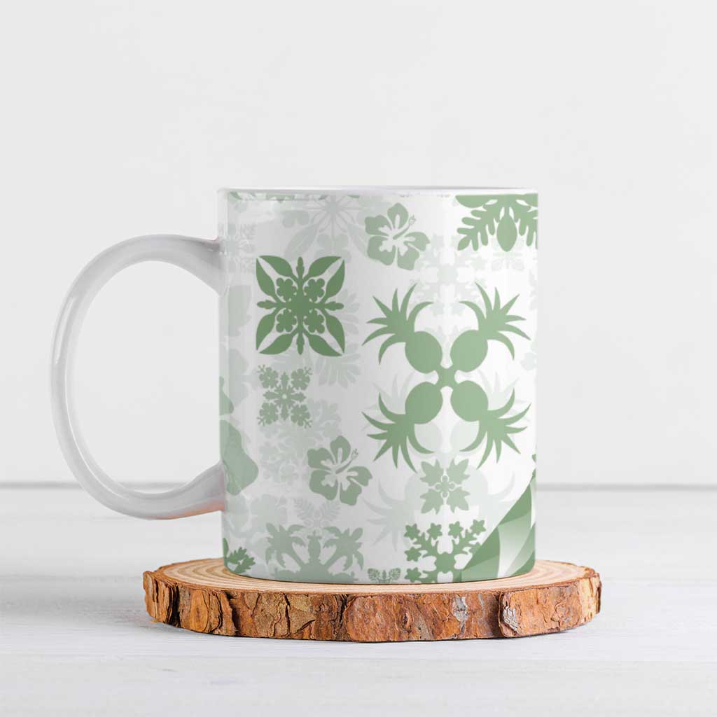 Green Hawaiian Quilt Pattern Ceramic Mug Mixed Polynesian Tribal Arty - Polynesian Pride