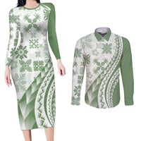 Green Hawaiian Quilt Pattern Couples Matching Long Sleeve Bodycon Dress and Long Sleeve Button Shirt Mixed Polynesian Tribal Arty