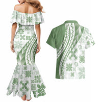 Green Hawaiian Quilt Pattern Couples Matching Mermaid Dress and Hawaiian Shirt Mixed Polynesian Tribal Arty
