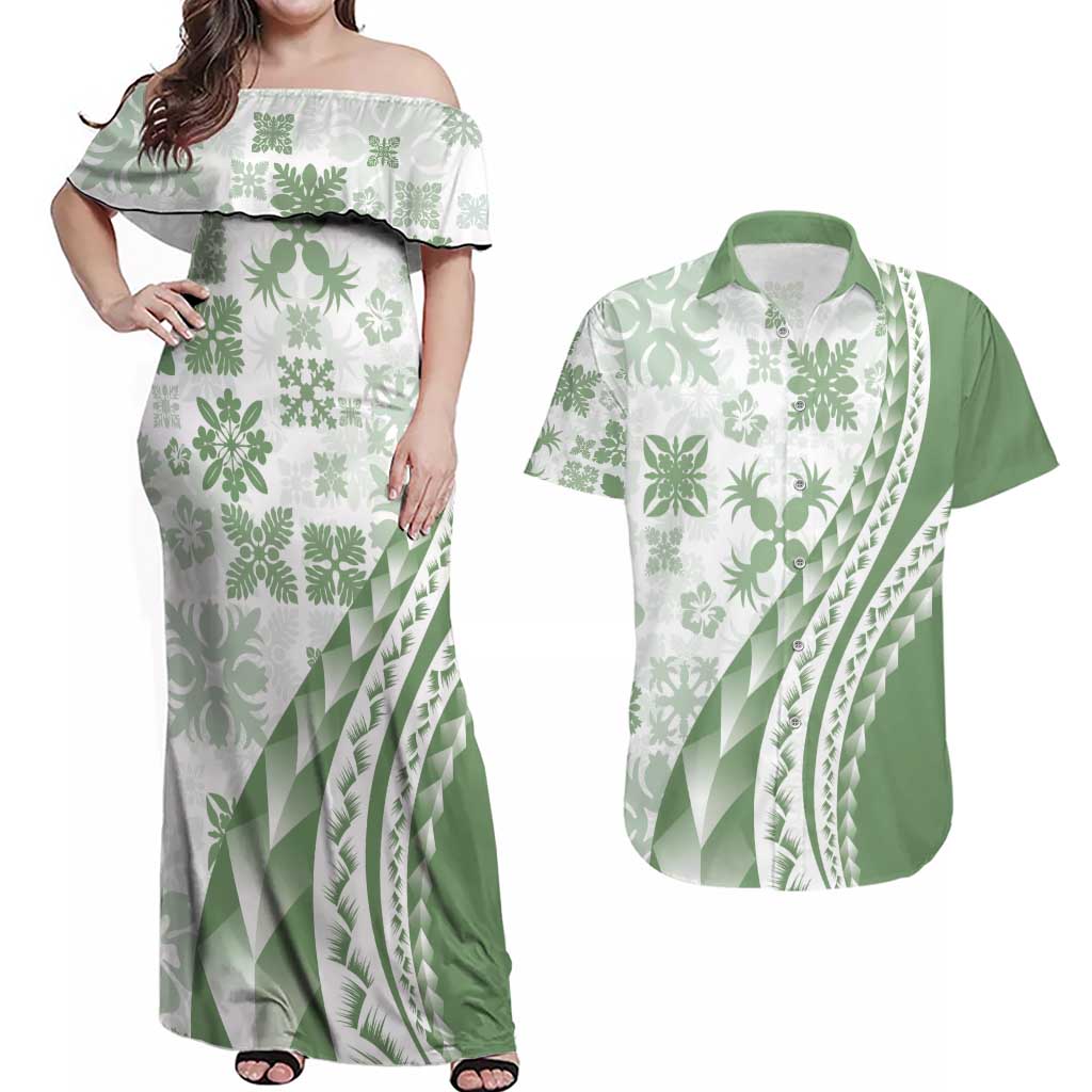 Green Hawaiian Quilt Pattern Couples Matching Off Shoulder Maxi Dress and Hawaiian Shirt Mixed Polynesian Tribal Arty