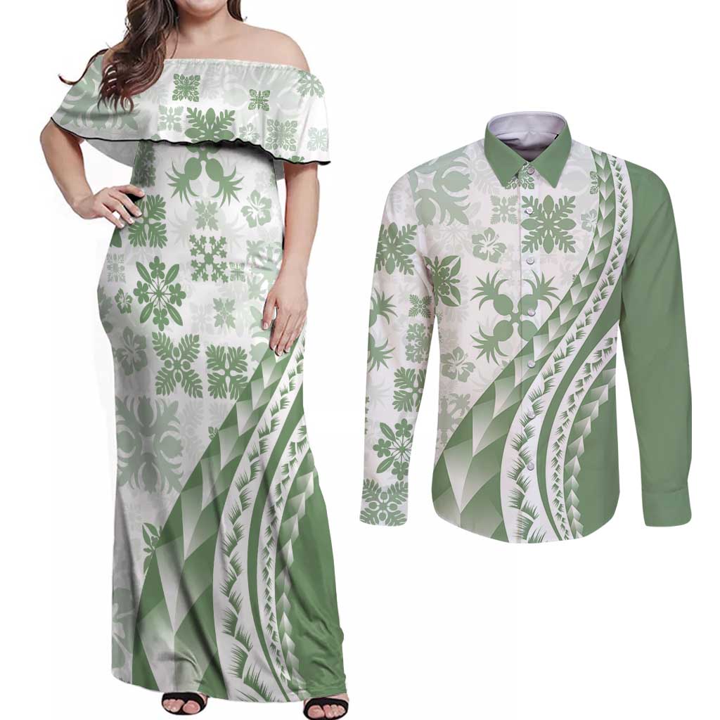 Green Hawaiian Quilt Pattern Couples Matching Off Shoulder Maxi Dress and Long Sleeve Button Shirt Mixed Polynesian Tribal Arty