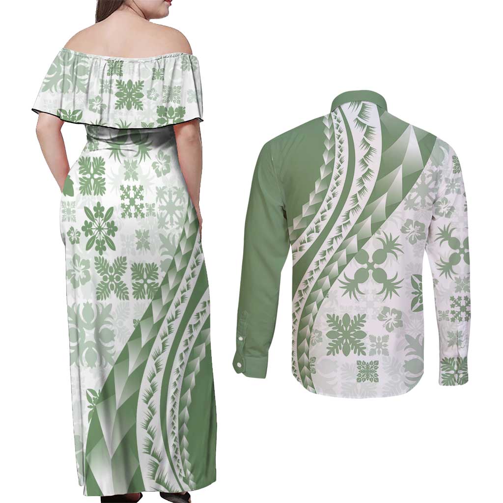 Green Hawaiian Quilt Pattern Couples Matching Off Shoulder Maxi Dress and Long Sleeve Button Shirt Mixed Polynesian Tribal Arty