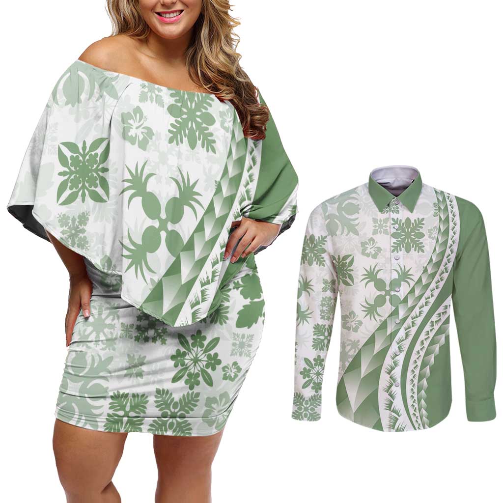 Green Hawaiian Quilt Pattern Couples Matching Off Shoulder Short Dress and Long Sleeve Button Shirt Mixed Polynesian Tribal Arty