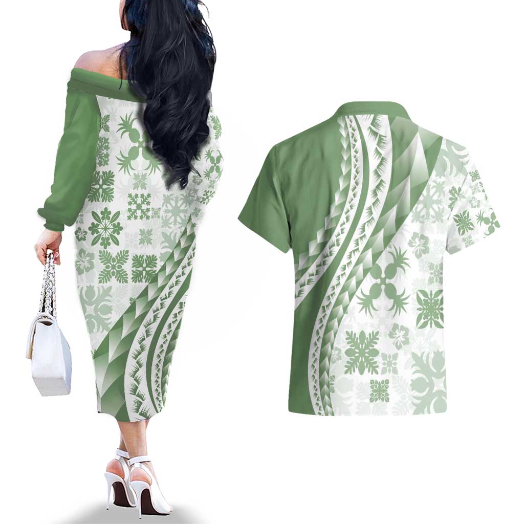 Green Hawaiian Quilt Pattern Couples Matching Off The Shoulder Long Sleeve Dress and Hawaiian Shirt Mixed Polynesian Tribal Arty