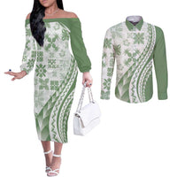 Green Hawaiian Quilt Pattern Couples Matching Off The Shoulder Long Sleeve Dress and Long Sleeve Button Shirt Mixed Polynesian Tribal Arty