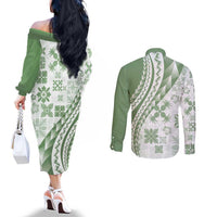 Green Hawaiian Quilt Pattern Couples Matching Off The Shoulder Long Sleeve Dress and Long Sleeve Button Shirt Mixed Polynesian Tribal Arty