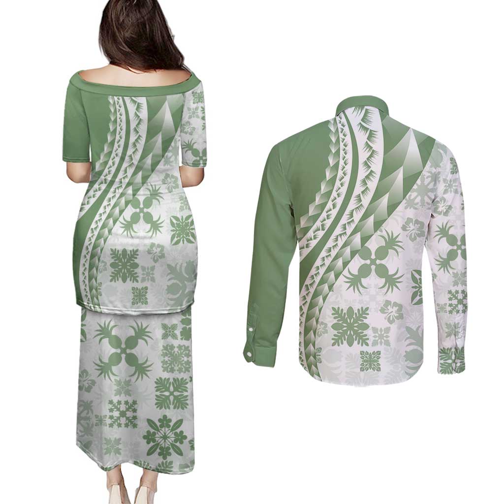 Green Hawaiian Quilt Pattern Couples Matching Puletasi and Long Sleeve Button Shirt Mixed Polynesian Tribal Arty
