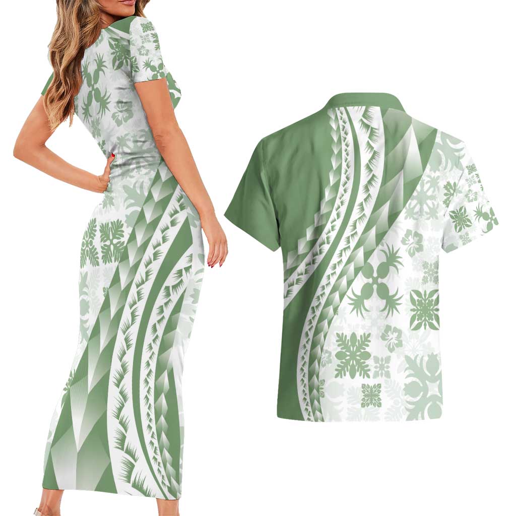 Green Hawaiian Quilt Pattern Couples Matching Short Sleeve Bodycon Dress and Hawaiian Shirt Mixed Polynesian Tribal Arty
