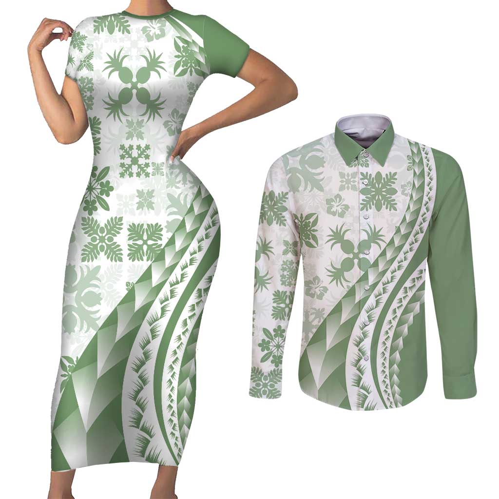 Green Hawaiian Quilt Pattern Couples Matching Short Sleeve Bodycon Dress and Long Sleeve Button Shirt Mixed Polynesian Tribal Arty