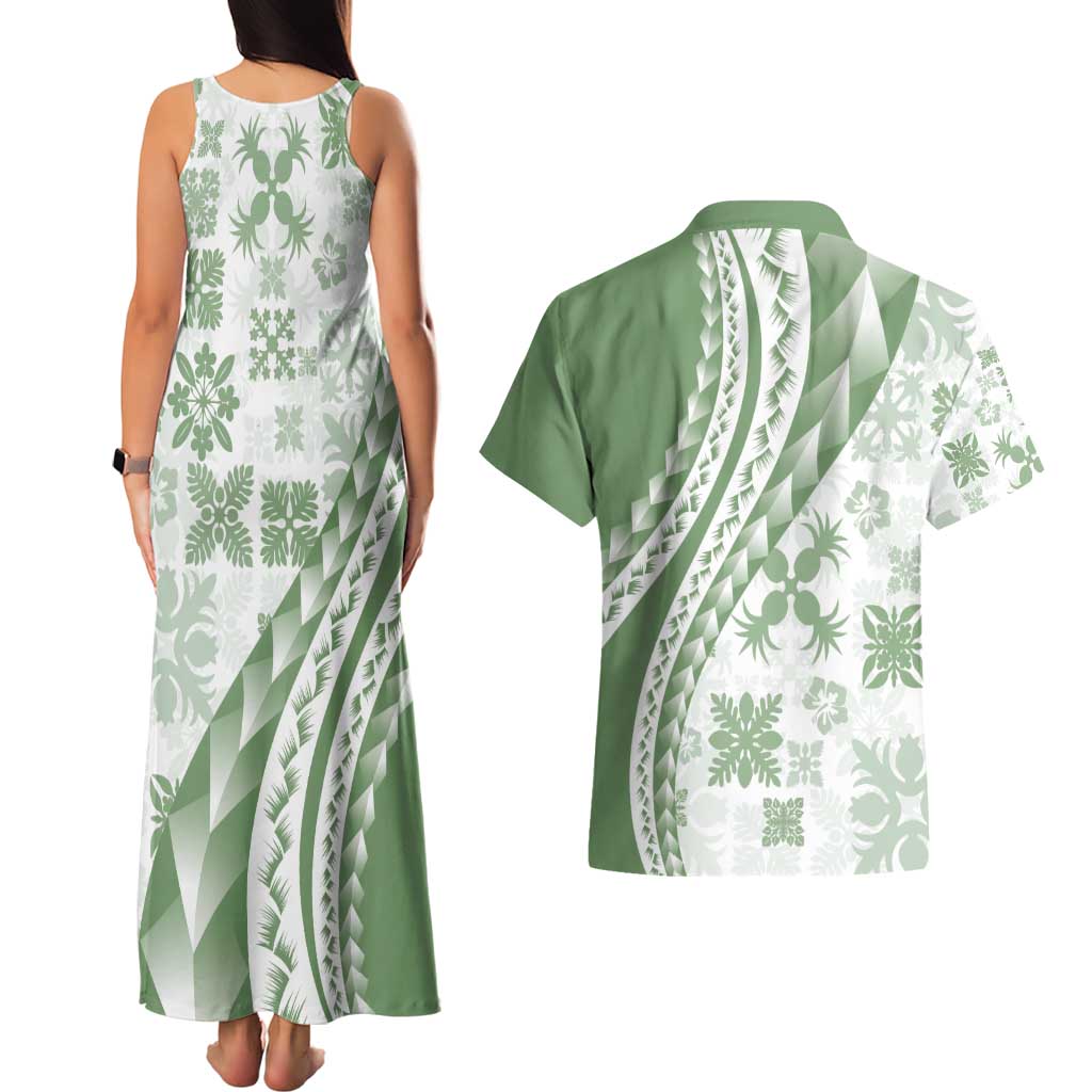 Green Hawaiian Quilt Pattern Couples Matching Tank Maxi Dress and Hawaiian Shirt Mixed Polynesian Tribal Arty