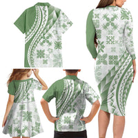 Green Hawaiian Quilt Pattern Family Matching Long Sleeve Bodycon Dress and Hawaiian Shirt Mixed Polynesian Tribal Arty
