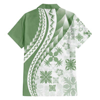 Green Hawaiian Quilt Pattern Family Matching Long Sleeve Bodycon Dress and Hawaiian Shirt Mixed Polynesian Tribal Arty