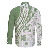 Green Hawaiian Quilt Pattern Family Matching Long Sleeve Bodycon Dress and Hawaiian Shirt Mixed Polynesian Tribal Arty