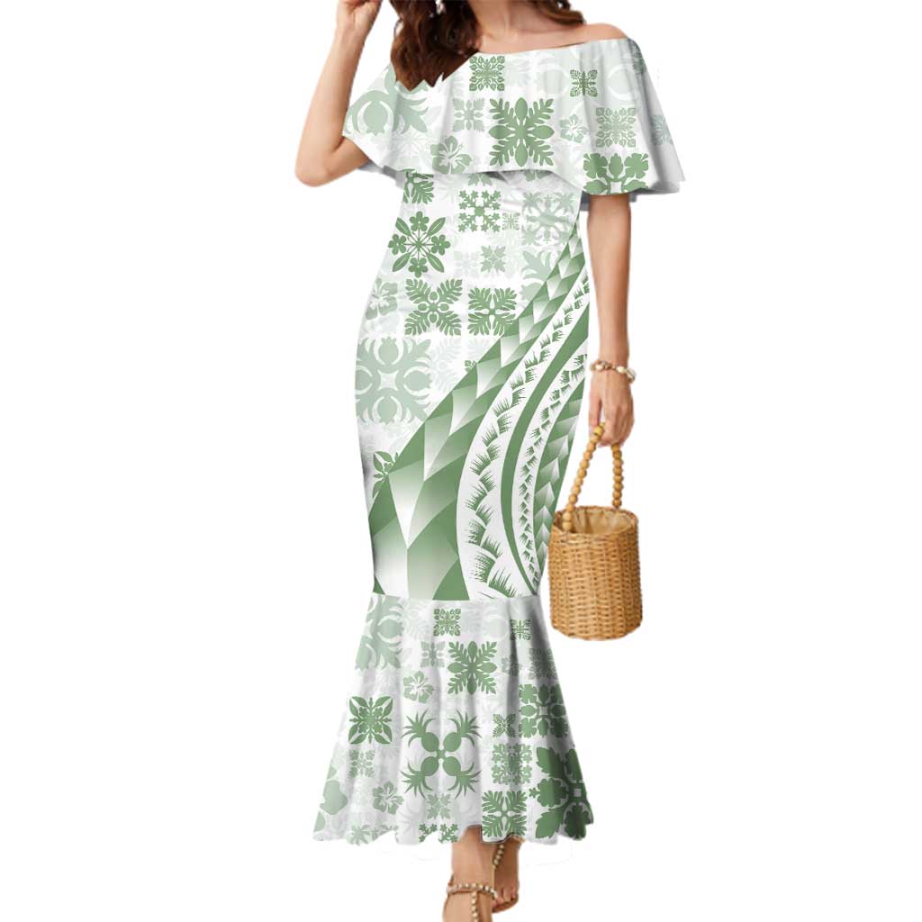 Green Hawaiian Quilt Pattern Family Matching Mermaid Dress and Hawaiian Shirt Mixed Polynesian Tribal Arty