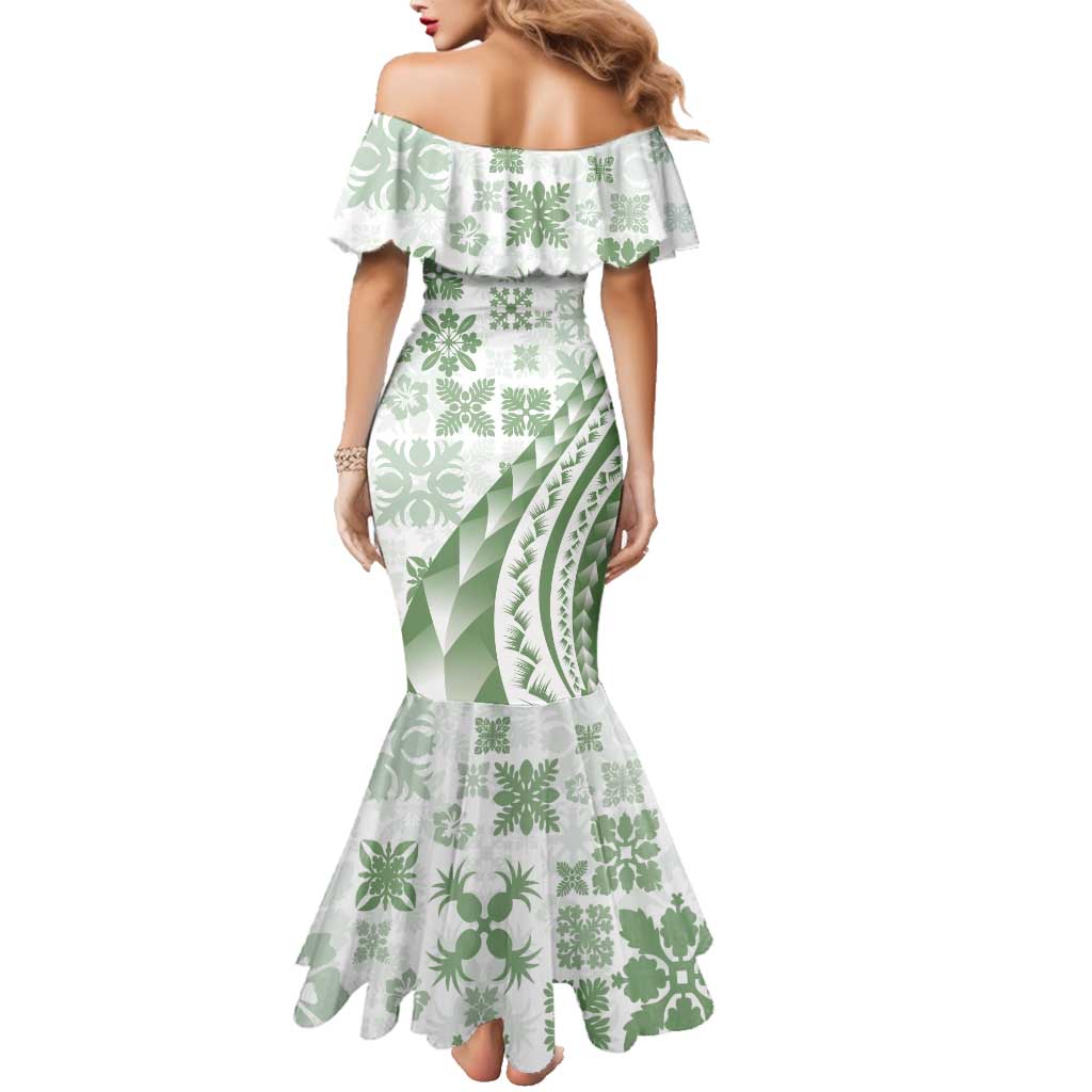 Green Hawaiian Quilt Pattern Family Matching Mermaid Dress and Hawaiian Shirt Mixed Polynesian Tribal Arty