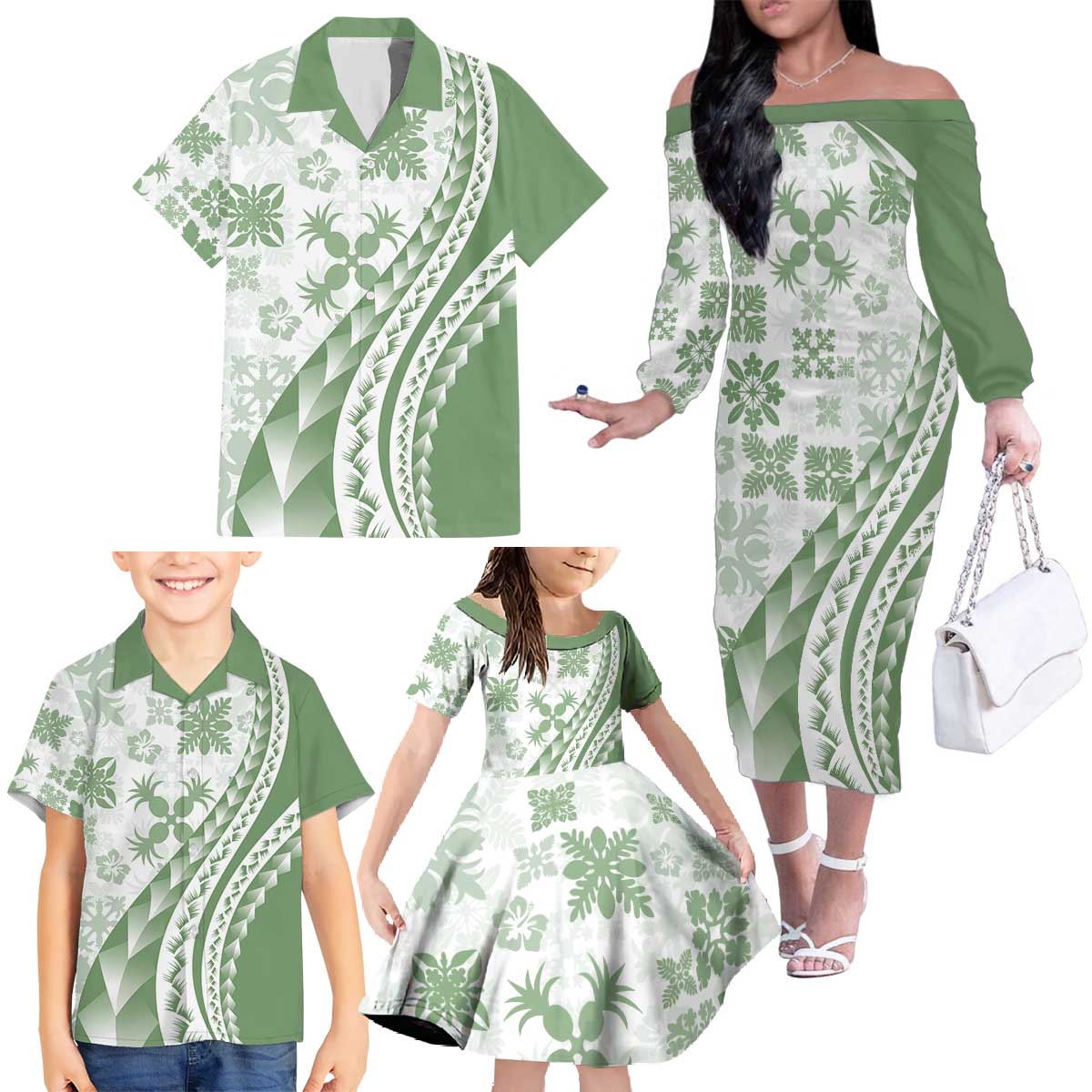 Green Hawaiian Quilt Pattern Family Matching Off The Shoulder Long Sleeve Dress and Hawaiian Shirt Mixed Polynesian Tribal Arty