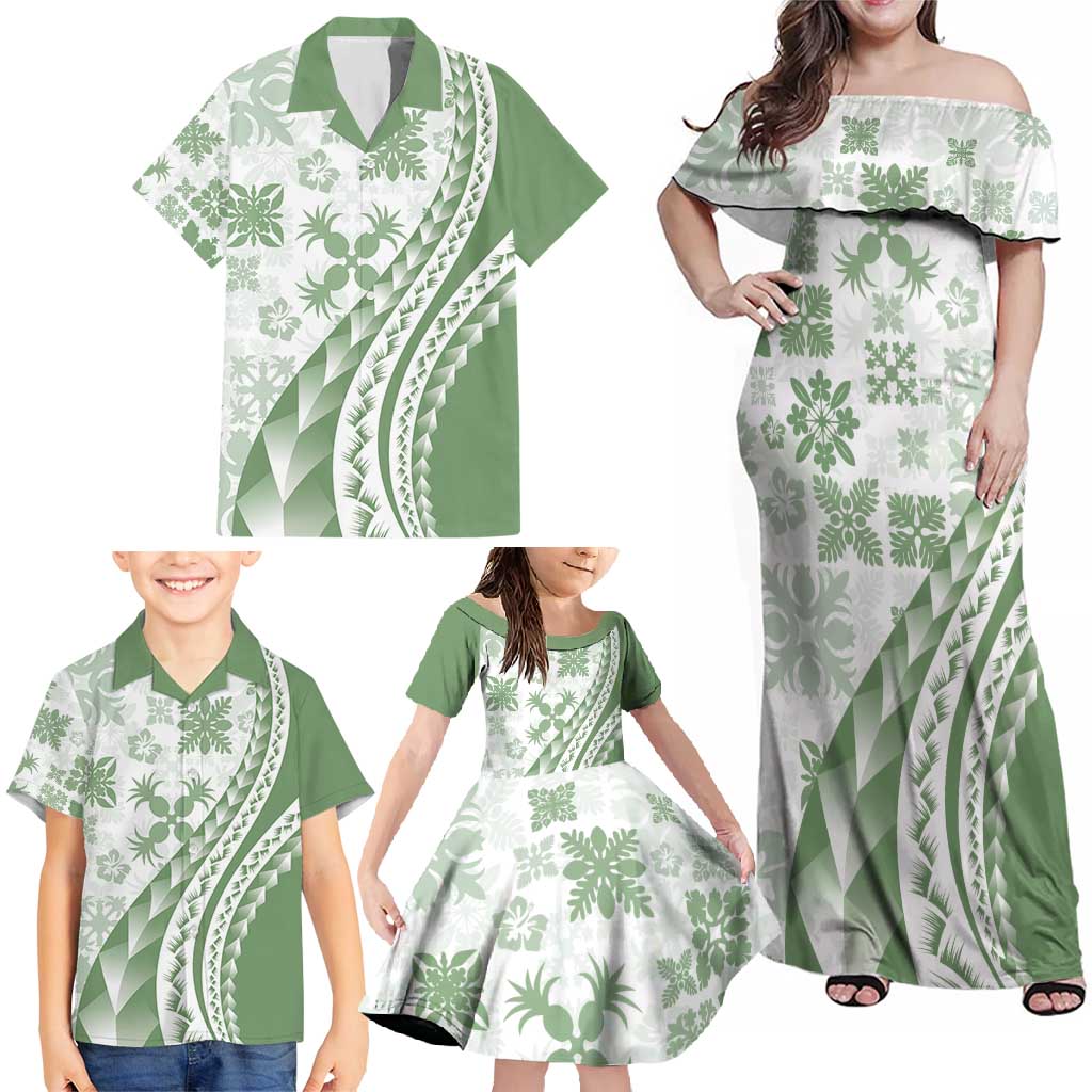 Green Hawaiian Quilt Pattern Family Matching Off Shoulder Maxi Dress and Hawaiian Shirt Mixed Polynesian Tribal Arty