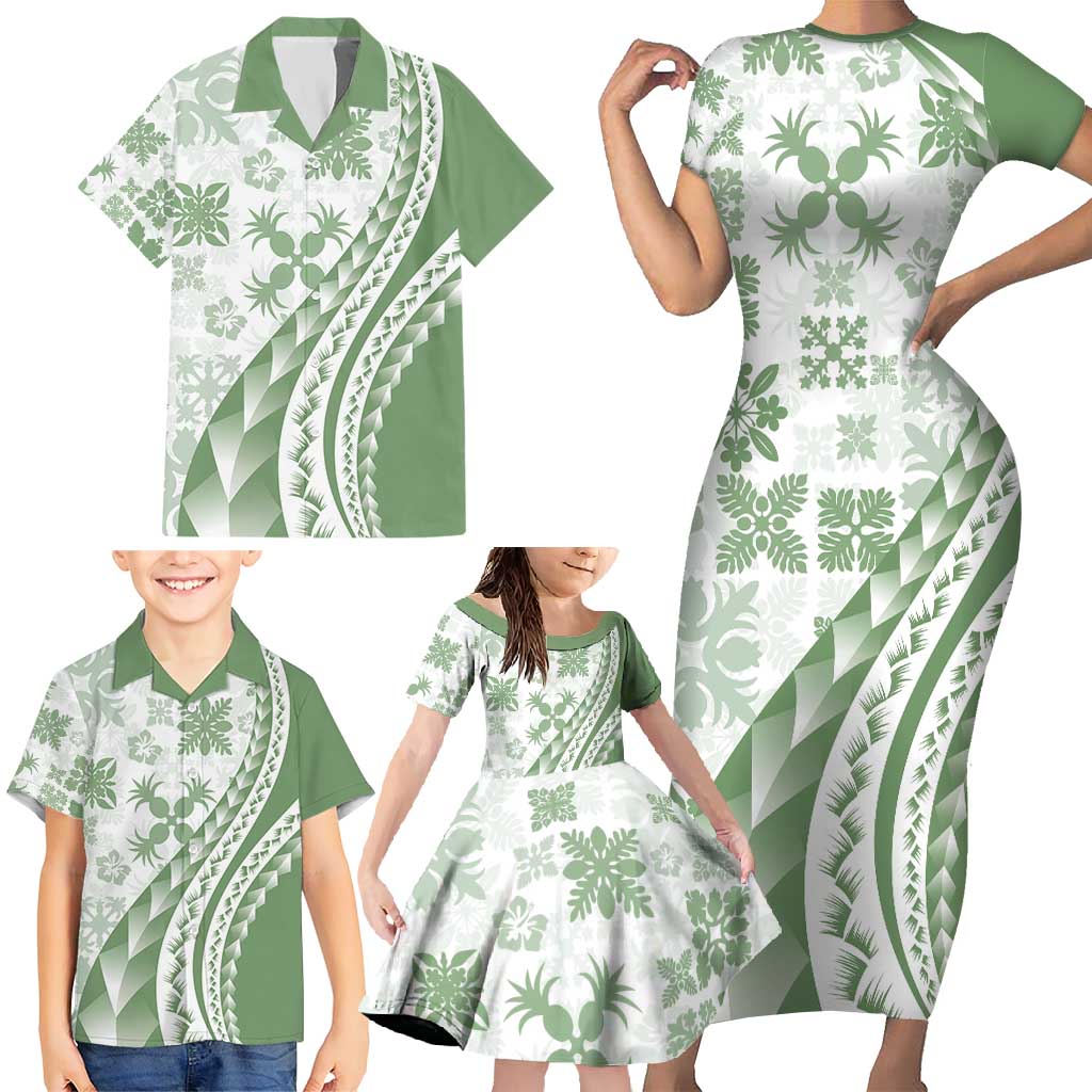 Green Hawaiian Quilt Pattern Family Matching Short Sleeve Bodycon Dress and Hawaiian Shirt Mixed Polynesian Tribal Arty