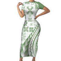 Green Hawaiian Quilt Pattern Family Matching Short Sleeve Bodycon Dress and Hawaiian Shirt Mixed Polynesian Tribal Arty