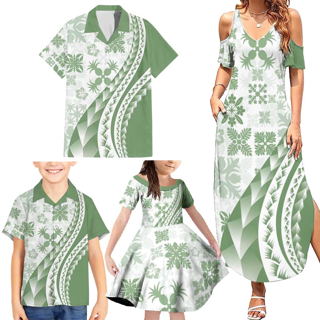 Green Hawaiian Quilt Pattern Family Matching Summer Maxi Dress and Hawaiian Shirt Mixed Polynesian Tribal Arty