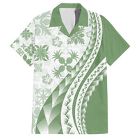 Green Hawaiian Quilt Pattern Family Matching Summer Maxi Dress and Hawaiian Shirt Mixed Polynesian Tribal Arty