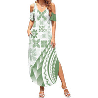 Green Hawaiian Quilt Pattern Family Matching Summer Maxi Dress and Hawaiian Shirt Mixed Polynesian Tribal Arty