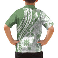 Green Hawaiian Quilt Pattern Family Matching Tank Maxi Dress and Hawaiian Shirt Mixed Polynesian Tribal Arty