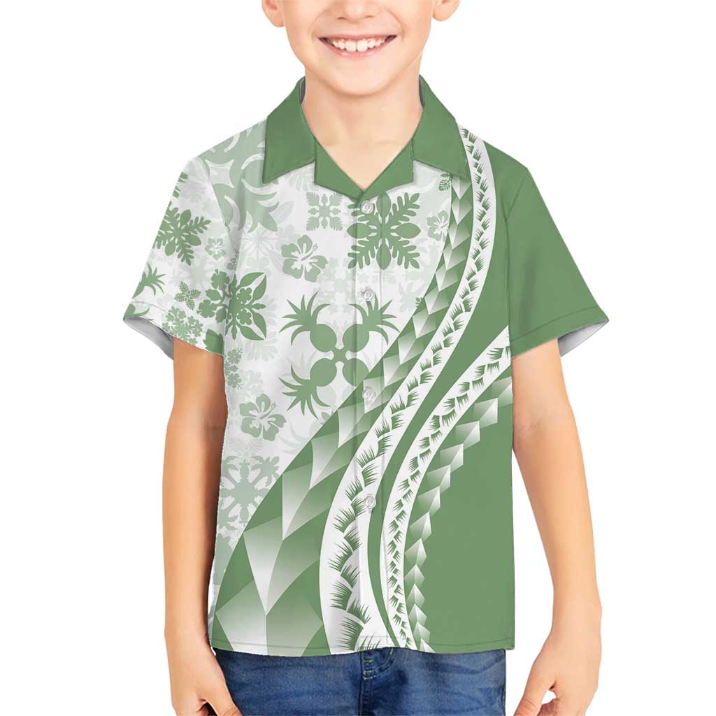 Green Hawaiian Quilt Pattern Family Matching Tank Maxi Dress and Hawaiian Shirt Mixed Polynesian Tribal Arty