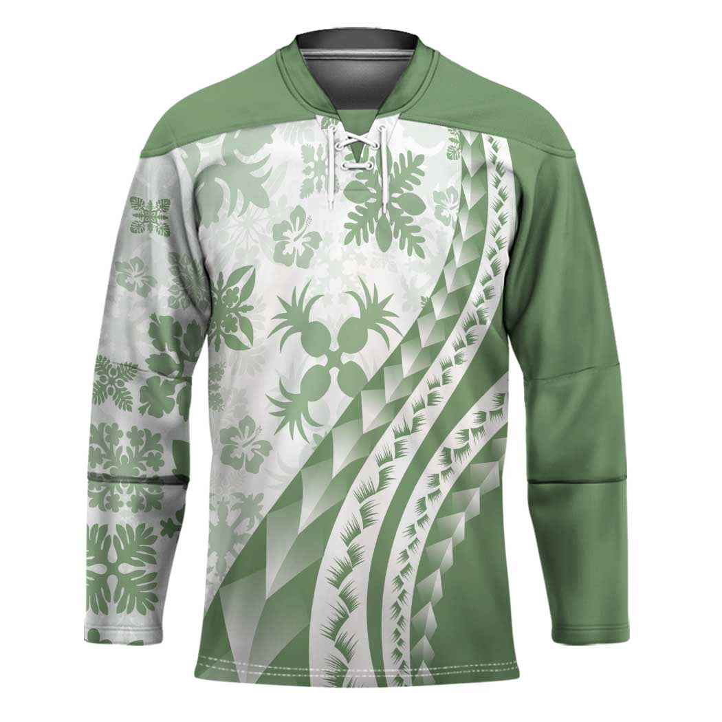 Green Hawaiian Quilt Pattern Hockey Jersey Mixed Polynesian Tribal Arty - Polynesian Pride
