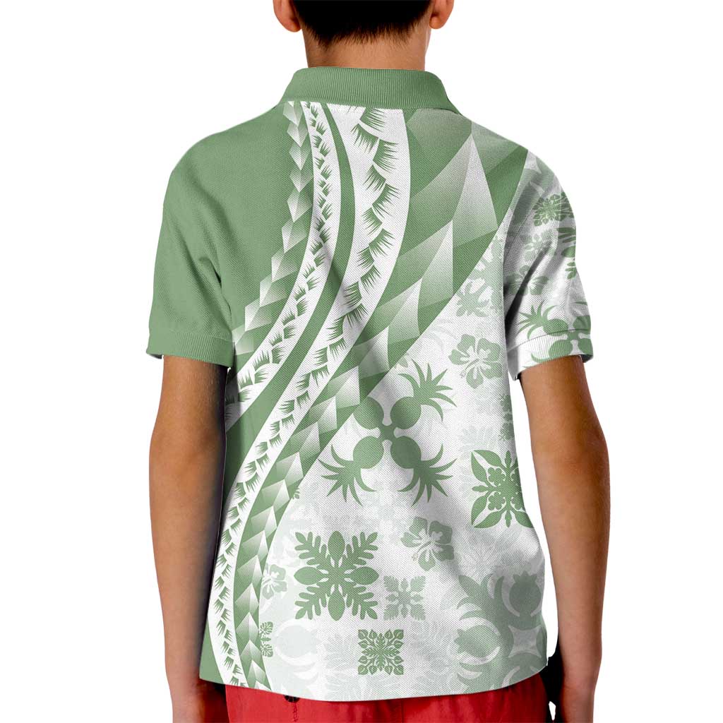 Green Hawaiian Quilt Pattern Kid Polo Shirt Mixed Polynesian Tribal Arty