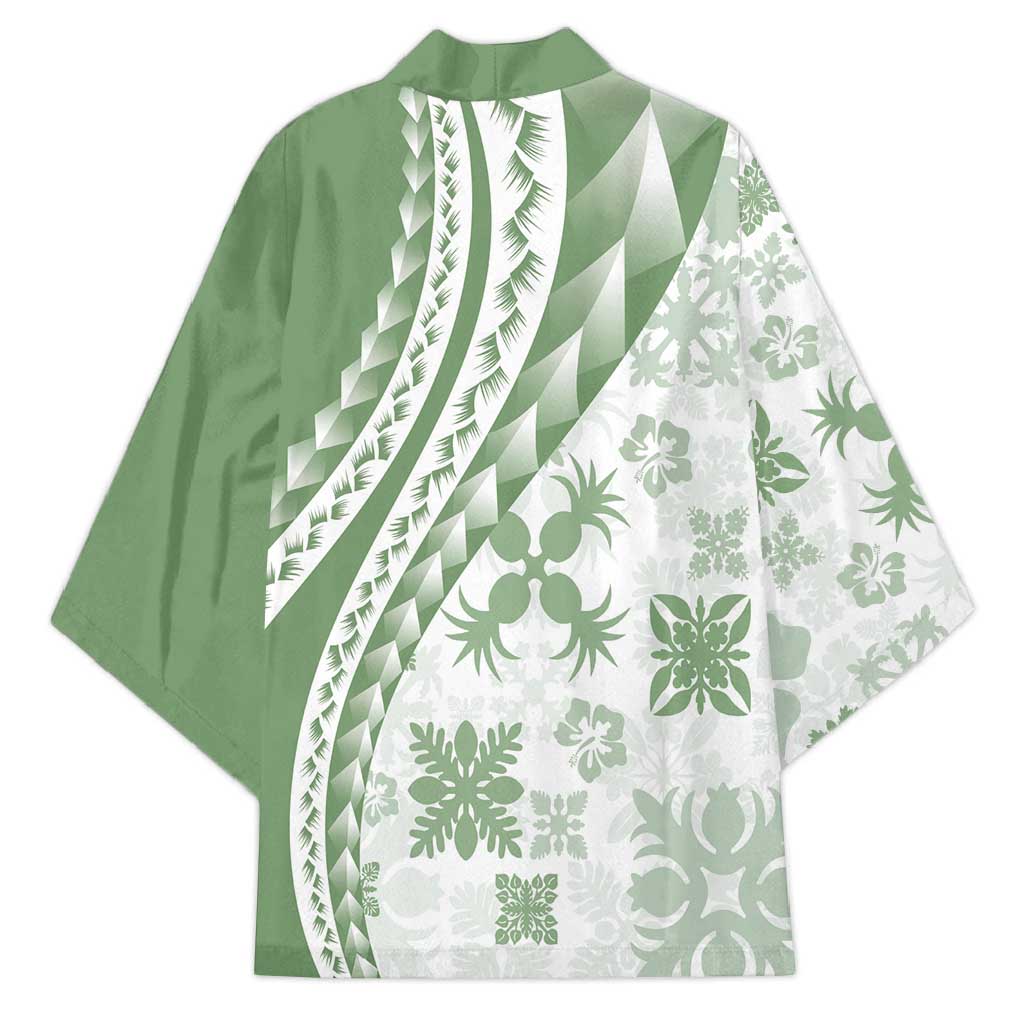 Green Hawaiian Quilt Pattern Kimono Mixed Polynesian Tribal Arty - Polynesian Pride