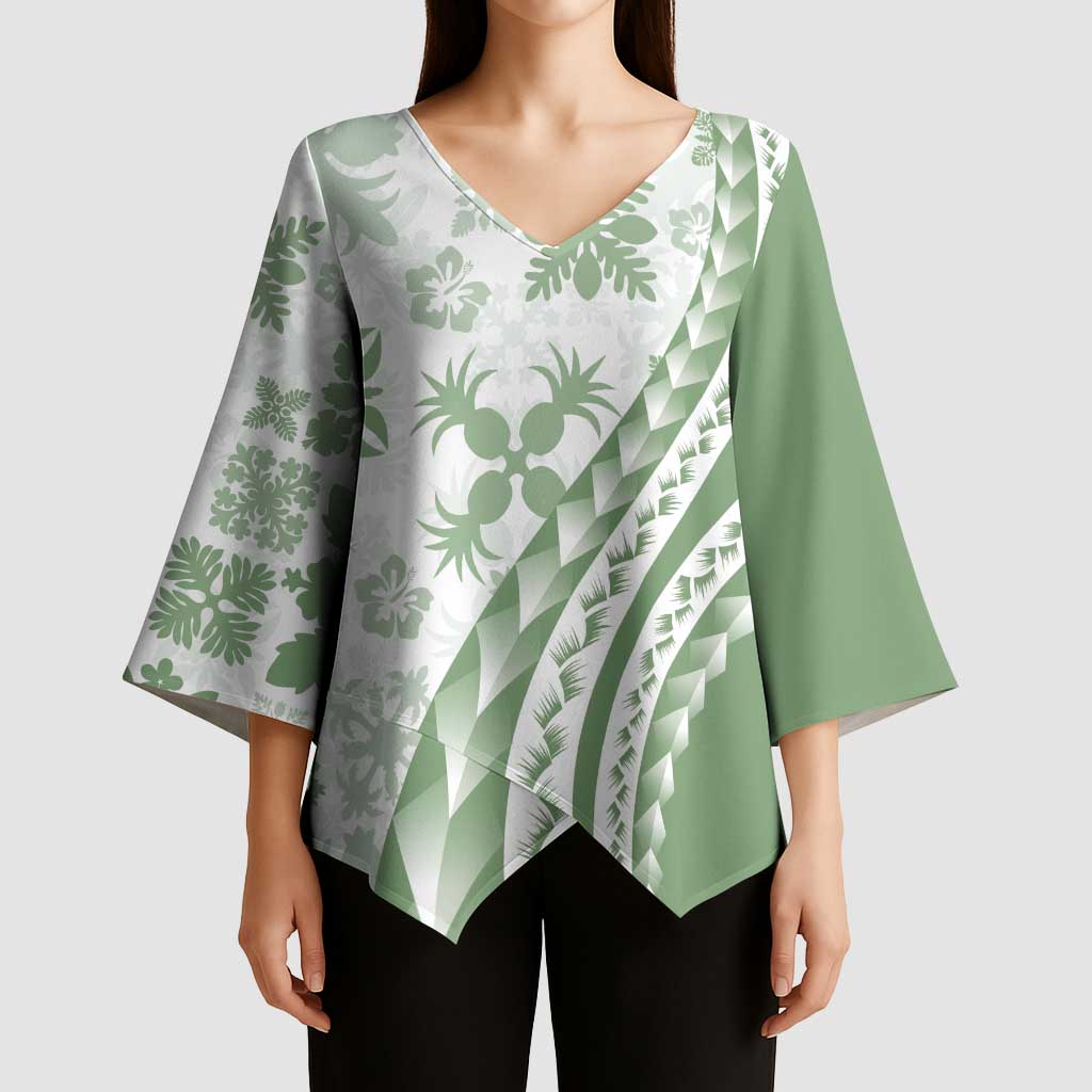 Green Hawaiian Quilt Pattern Kimono Sleeve Blouse Mixed Polynesian Tribal Arty - Polynesian Pride