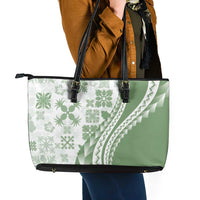 Green Hawaiian Quilt Pattern Leather Tote Bag Mixed Polynesian Tribal Arty