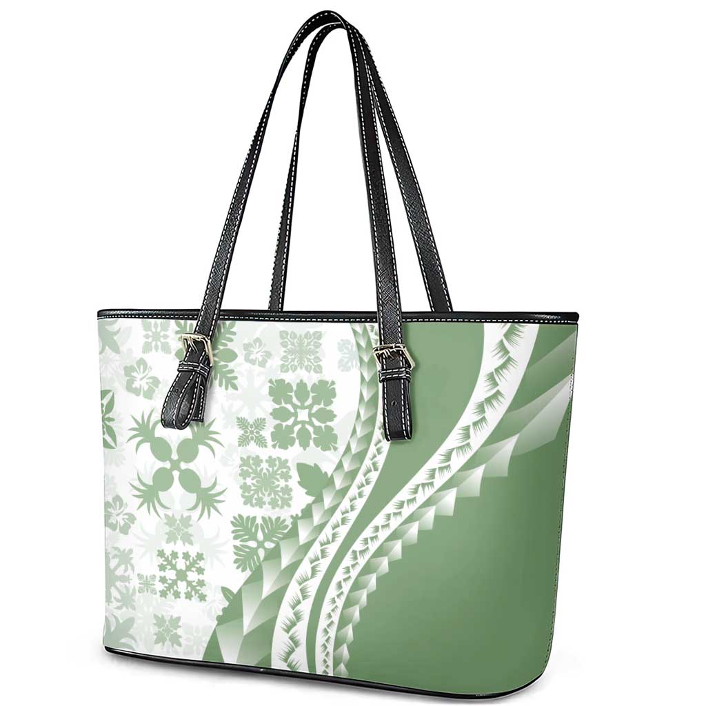 Green Hawaiian Quilt Pattern Leather Tote Bag Mixed Polynesian Tribal Arty