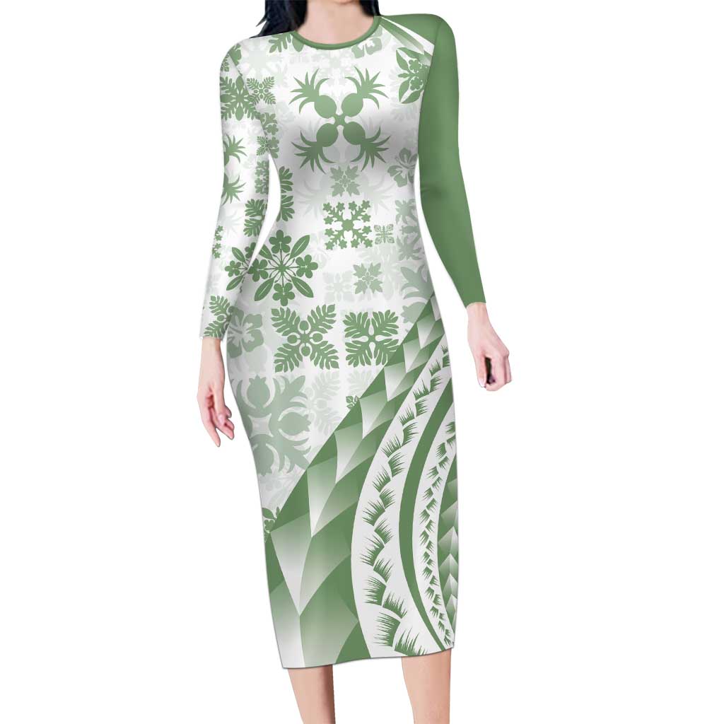 Green Hawaiian Quilt Pattern Long Sleeve Bodycon Dress Mixed Polynesian Tribal Arty