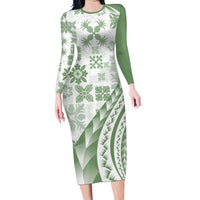 Green Hawaiian Quilt Pattern Long Sleeve Bodycon Dress Mixed Polynesian Tribal Arty