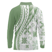 Green Hawaiian Quilt Pattern Long Sleeve Polo Shirt Mixed Polynesian Tribal Arty
