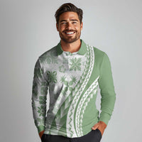 Green Hawaiian Quilt Pattern Long Sleeve Polo Shirt Mixed Polynesian Tribal Arty