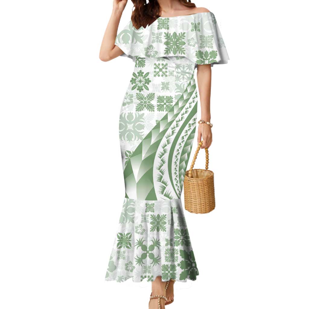 Green Hawaiian Quilt Pattern Mermaid Dress Mixed Polynesian Tribal Arty