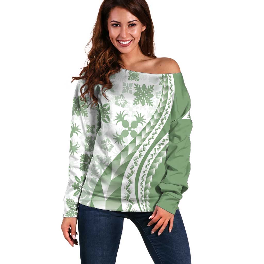 Green Hawaiian Quilt Pattern Off Shoulder Sweater Mixed Polynesian Tribal Arty