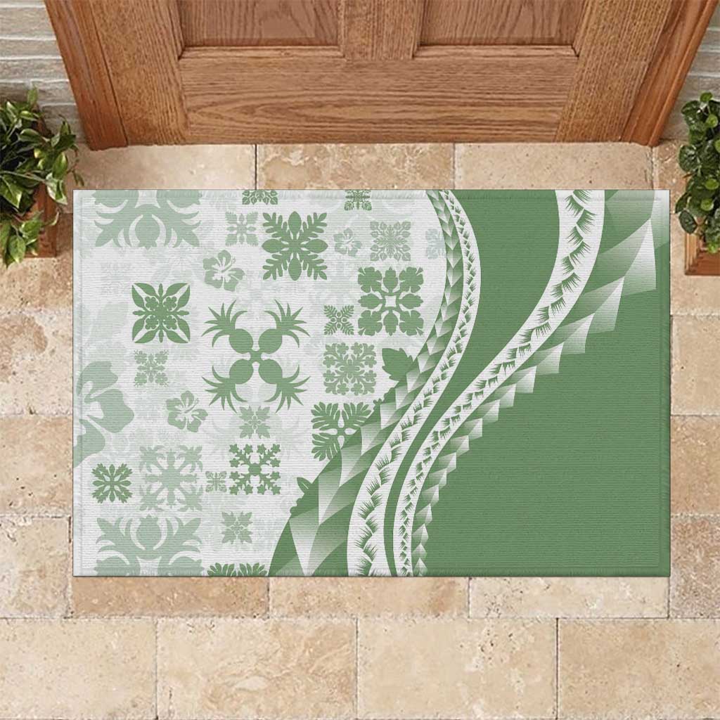 Green Hawaiian Quilt Pattern Rubber Doormat Mixed Polynesian Tribal Arty