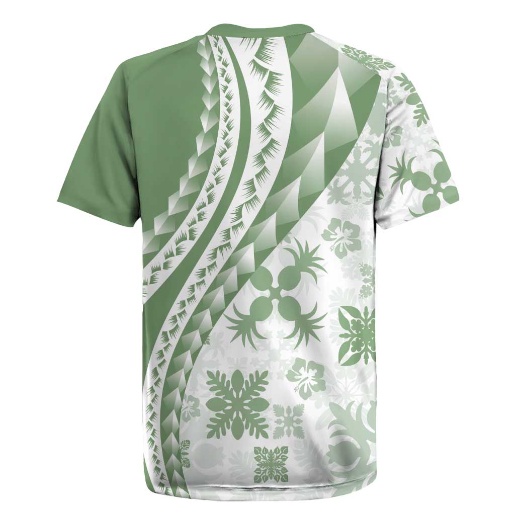 Green Hawaiian Quilt Pattern Rugby Jersey Mixed Polynesian Tribal Arty