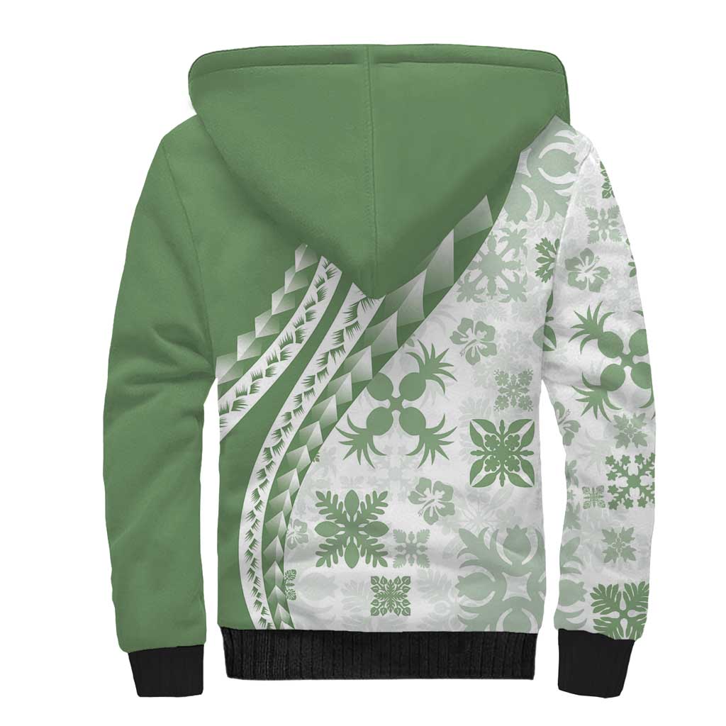 Green Hawaiian Quilt Pattern Sherpa Hoodie Mixed Polynesian Tribal Arty