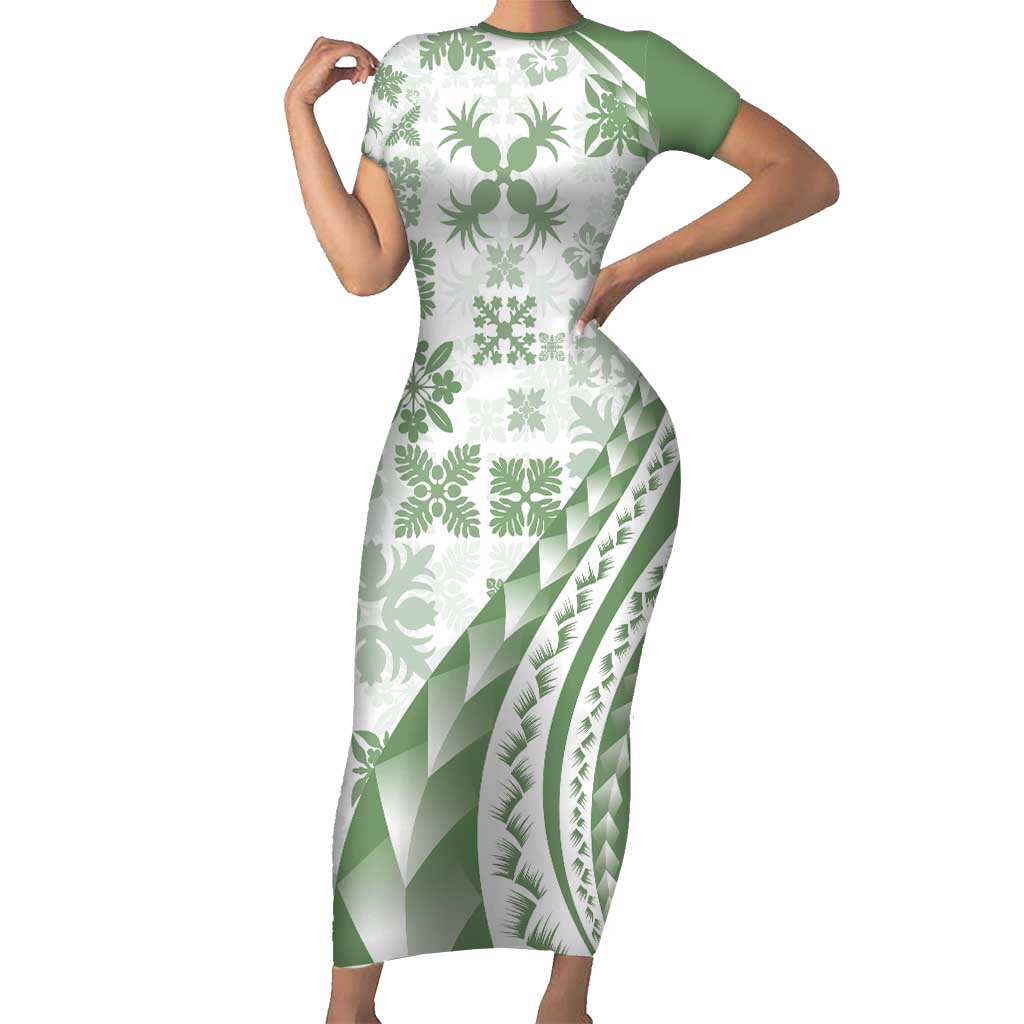 Green Hawaiian Quilt Pattern Short Sleeve Bodycon Dress Mixed Polynesian Tribal Arty